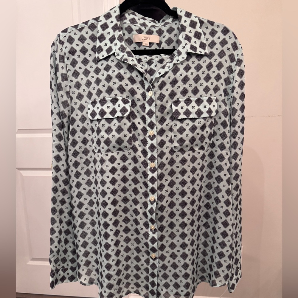 LOFT Blue and Black Geometric Blouse